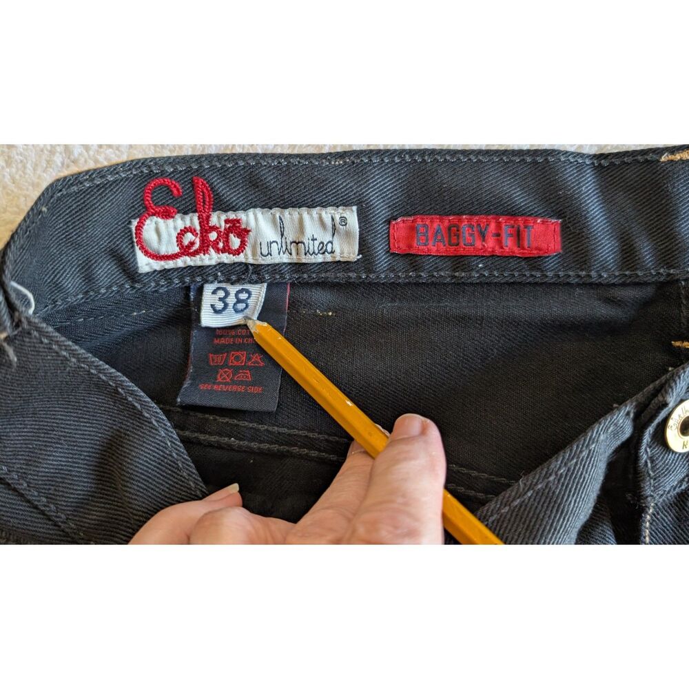 Vintage Ecko Unltd Black Denim Baggy Fit Jeans Mens Size 38 Embroidered Pockets - Picture 5 of 10